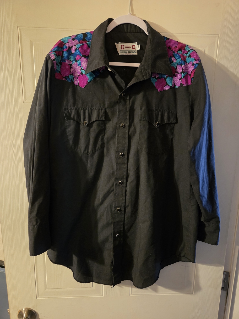 H BAR C Black Western Shirt with Purple & Teal Floral Yoke